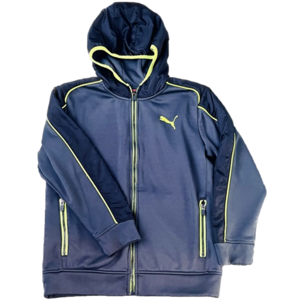 Puma Boys Hoodie Zip Up Sweater Track Jacket Size Small 8Y Gray Neon Green